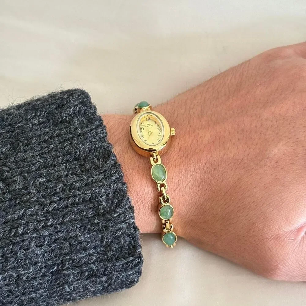 Dainty Gold and Green Stone Y2k stainless steel quartz charm watch